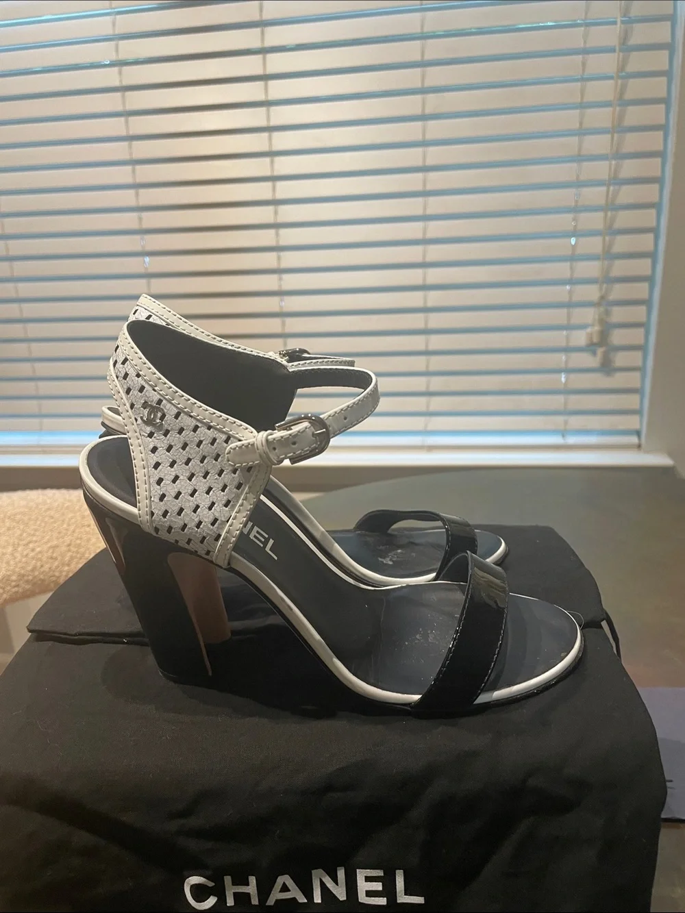 CHANEL Black and White Patent Leather Ankle Strap Heels